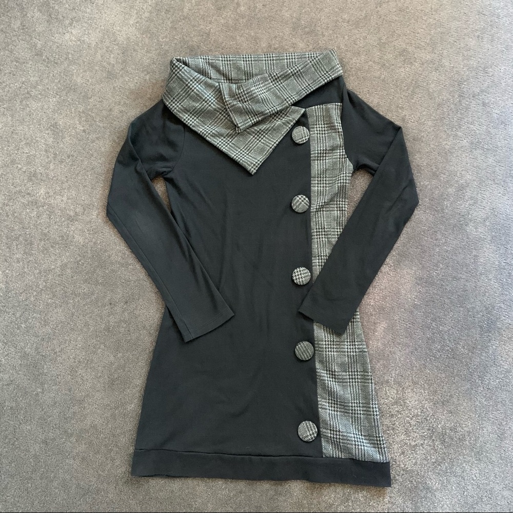 Long sleeve black grey plaid dress with cowl neck